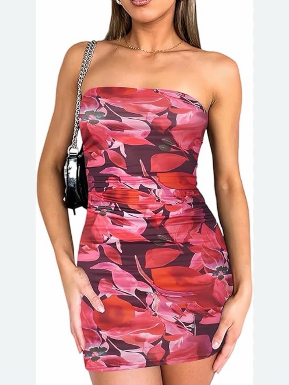 NWOT Amazon Strapless Floral Bodycon Dress in Pink and Red
